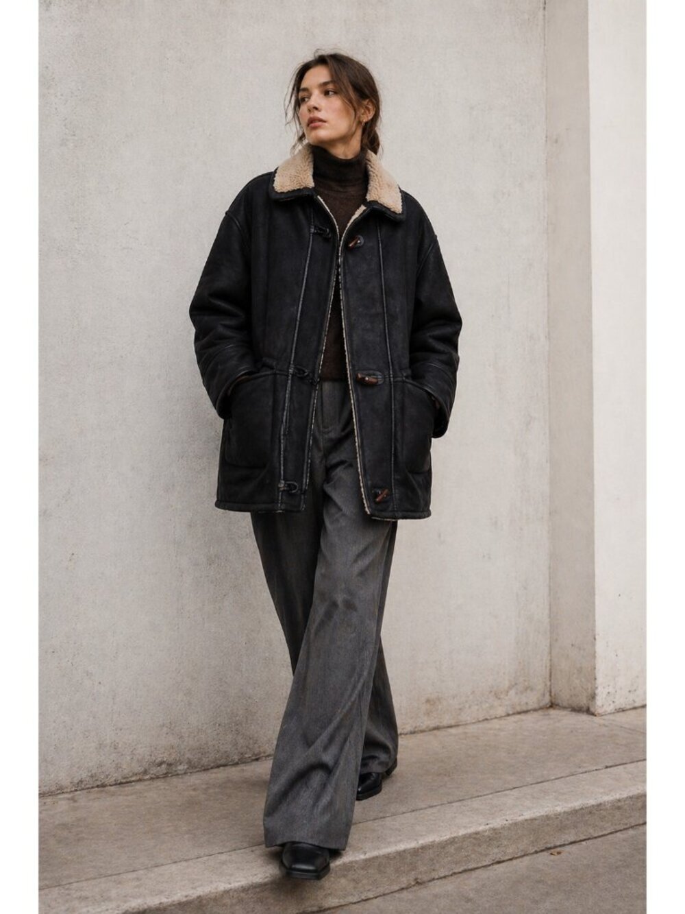 Vintage Suede Shearling Jacket Unisex L Black Sheepskin Coat MADISKIN